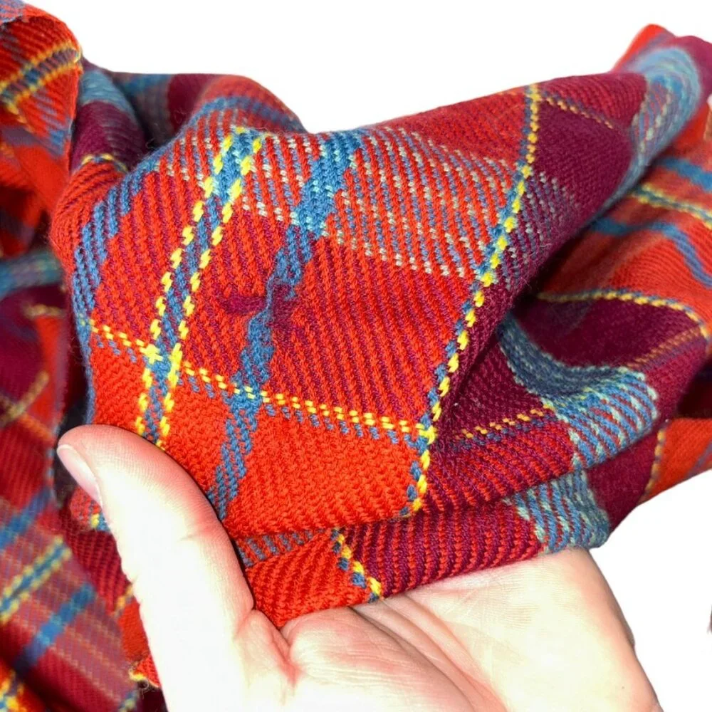 Burnished Orange red wool vintage plaid scarf 63x13